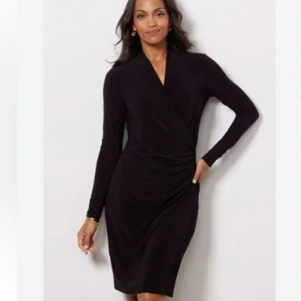 Norma Kamali Black Side Draped Faux Wrap Dress S LBD Long Sleeve Packable Jersey